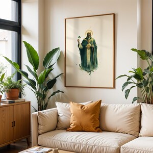 May include: A framed wall art print featuring a bearded figure wearing a crown and a long dark green robe, holding a staff and a green shamrock. The figure has a golden halo behind the head and is depicted against a plain off-white background.