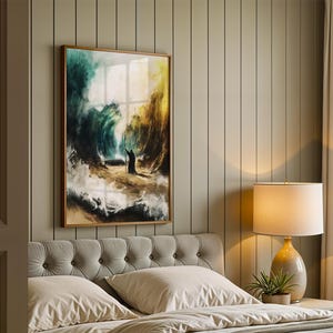 May include: A framed rectangular wall art print featuring a dramatic painting of a figure standing on a path between two towering, turbulent waves. The artwork uses deep teal, golden yellow, and white tones to depict a powerful, stormy ocean scene.
