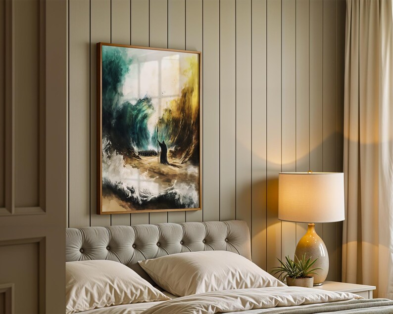 May include: A framed rectangular wall art print featuring a dramatic painting of a figure standing on a path between two towering, turbulent waves. The artwork uses deep teal, golden yellow, and white tones to depict a powerful, stormy ocean scene.