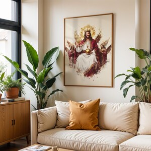 May include: A framed wall art print depicting a central figure with a golden crown and halo, wearing a white robe and red cloak, holding a golden orb, flanked by two winged figures, all rendered in a painterly style with warm tones.