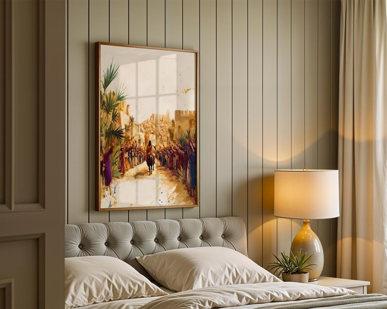 May include: A framed vertical wall art print depicting a historical scene of a figure riding a donkey through a crowd of people in a desert city. The artwork features warm golden tones, palm trees, and stone architecture under a bright sky.