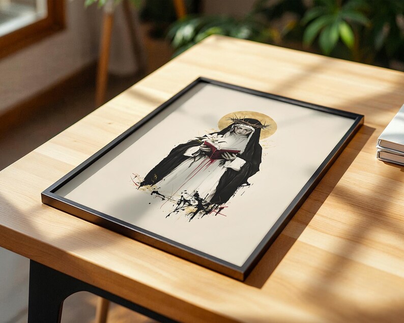 Inramad poster med akvarellmotiv från den heliga Katarina av Siena | Modern katolsk väggkonst bild 4