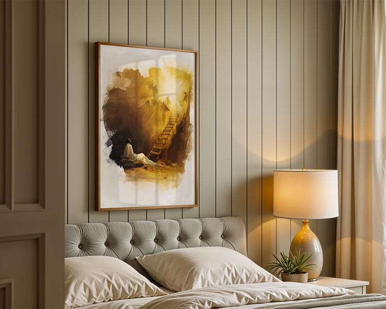 Inramad poster med Jakobs stege | Modern kristen väggkonst | Minimalistisk religiös heminredning bild 4