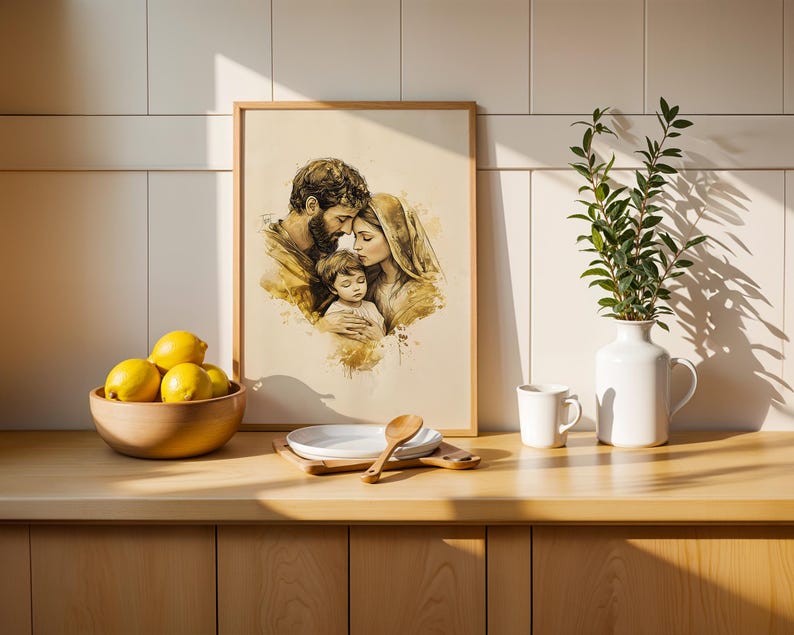 May include: A framed watercolor-style art print depicting a family of three in sepia tones, featuring a bearded figure, a person with a head covering, and a child. The artwork is displayed alongside a wooden bowl of yellow lemons and a white vase.