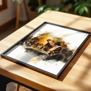 K&ouml;nnte beinhalten: Ein gerahmter rechteckiger Druck mit einer Illustration des Abendmahls im Aquarellstil. Das Kunstwerk zeigt eine zentrale Figur, die einen Kelch an einem Tisch h&auml;lt, umgeben von anderen Personen, in Braun-, Gold- und Schwarzt&ouml;nen auf Wei&szlig;.