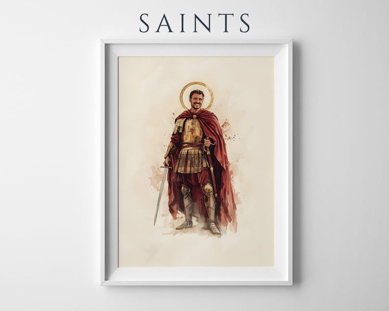 Puede incluir: Una l&aacute;mina art&iacute;stica enmarcada titulada SAINTS que presenta una ilustraci&oacute;n en acuarela de una figura con armadura met&aacute;lica y una capa roja fluida. La figura tiene un halo dorado, sostiene una espada y se encuentra sobre un fondo claro.