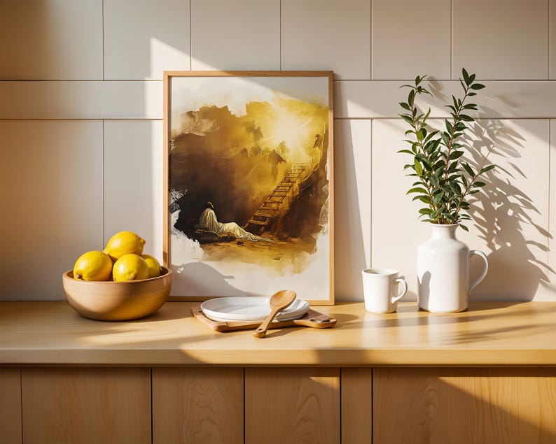 Inramad poster med Jakobs stege | Modern kristen väggkonst | Minimalistisk religiös heminredning bild 3