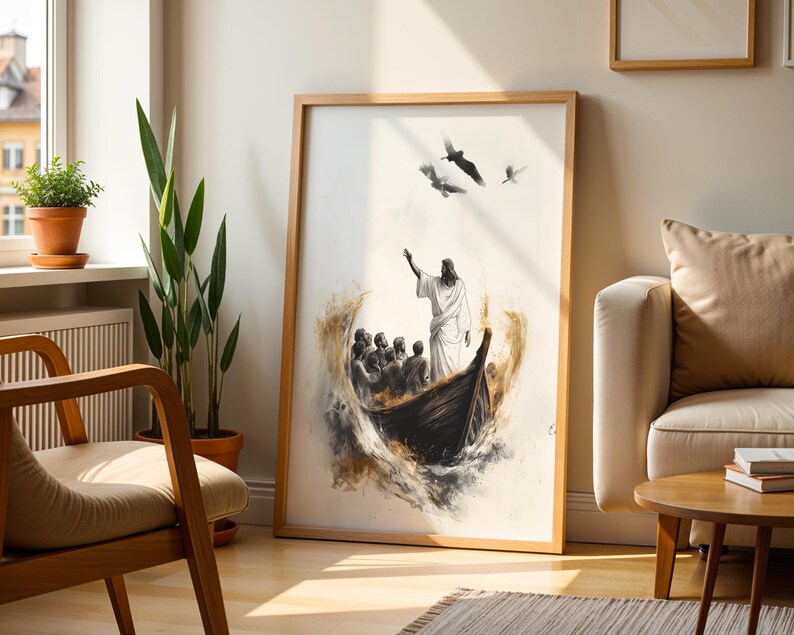 May include: A framed wall art print featuring a black and white illustration of a figure standing in a wooden boat with a group of people, surrounded by swirling gold and dark ink-like textures, with three birds flying in the sky above the scene.