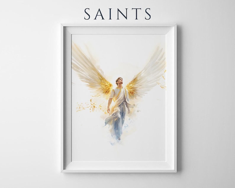 May include: A framed wall art print featuring the word SAINTS at the top. The artwork depicts a figure with large, expansive golden wings, wearing white and light blue flowing robes, rendered in a watercolor style against a white background.
