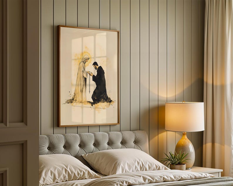 Notre-Dame remet le chapelet à saint Dominique - Illustration à imprimer | Décoration murale minimaliste catholique à l'aquarelle image 3