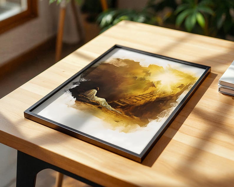 Inramad poster med Jakobs stege | Modern kristen väggkonst | Minimalistisk religiös heminredning bild 14
