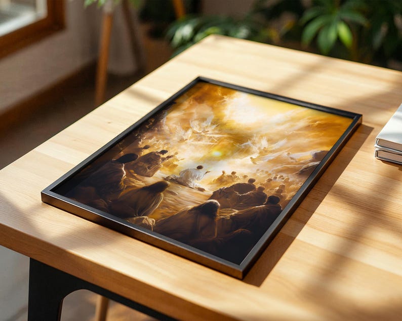May include: A rectangular framed wall art print featuring a golden-toned illustration of a crowd of people gathered in a landscape under a bright, glowing sky. The artwork is encased in a thin black frame and displays a scene with warm light.