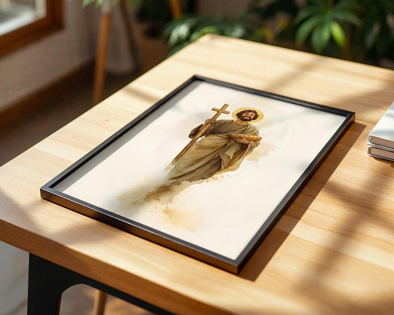 Peut inclure: Une impression encadr&eacute;e repr&eacute;sentant une figure barbue en robes fluides tenant une croix en bois et une miche de pain. L'illustration utilise des tons beige et marron doux avec un halo dor&eacute; autour de la t&ecirc;te sur un fond cr&egrave;me clair.