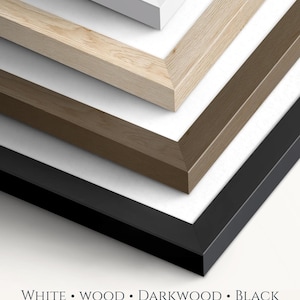 May include: A stack of four rectangular picture frames in white, light wood, dark wood, and black finishes, each featuring a mitered corner design. The text below reads: WHITE &bull; WOOD &bull; DARKWOOD &bull; BLACK. Choose your frame.
