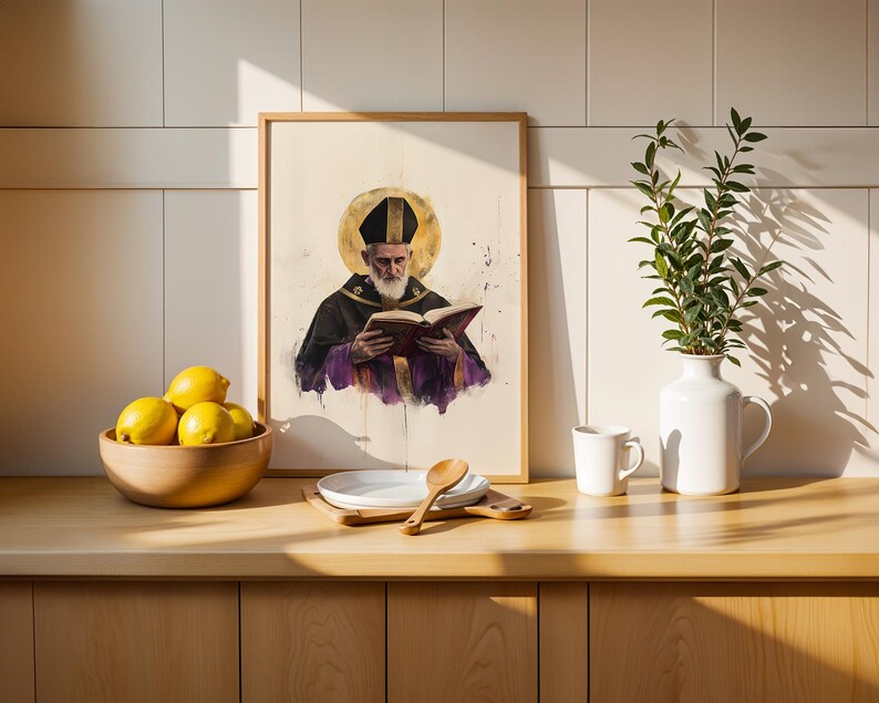 Inramad poster med Sankt Augustinus av Flodhästen | Modern kristen väggkonst | Minimalistisk katolsk dekor bild 3