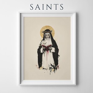 Inramad poster med akvarellmotiv från den heliga Katarina av Siena | Modern katolsk väggkonst bild 1