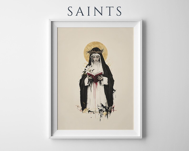Inramad poster med akvarellmotiv från den heliga Katarina av Siena | Modern katolsk väggkonst bild 1