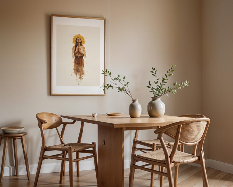 May include: A framed wall art print depicting a figure with a golden halo in a prayer pose, displayed above a wooden dining table with two ceramic vases containing green branches, accompanied by three wooden chairs with woven seats.