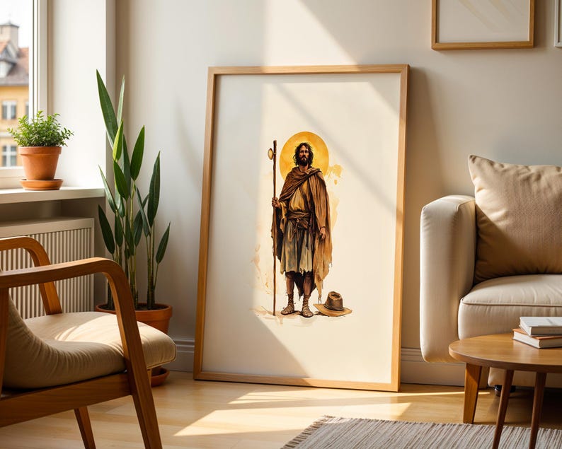 May include: A framed wall art print featuring a centred illustration of a bearded figure wearing a brown robe and holding a tall wooden staff. A golden circular halo glows behind the figure's head, and a wide-brimmed hat rests on the ground nearby.