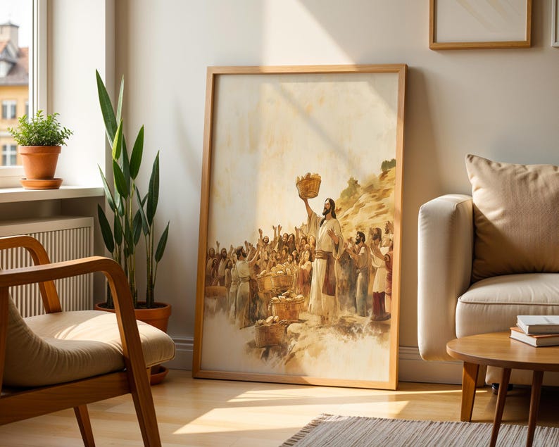 K&ouml;nnte beinhalten: Ein gerahmter Kunstdruck mit einer Aquarell-Illustration einer in Gew&auml;nder gekleideten Figur, die einen Korb &uuml;ber eine Menschenmenge h&auml;lt. Die Szene zeigt eine Versammlung mit mehreren Brotk&ouml;rben in warmen, gedeckten Beige-, Braun- und Goldt&ouml;nen.