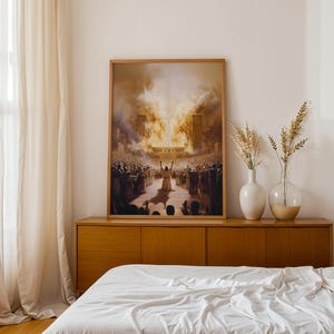 Puede incluir: Una impresi&oacute;n de arte mural rectangular enmarcada que representa a una gran multitud reunida ante una luz dorada y brillante que emana de dos estructuras altas, con una figura central arrodillada levantando los brazos hacia la luz.