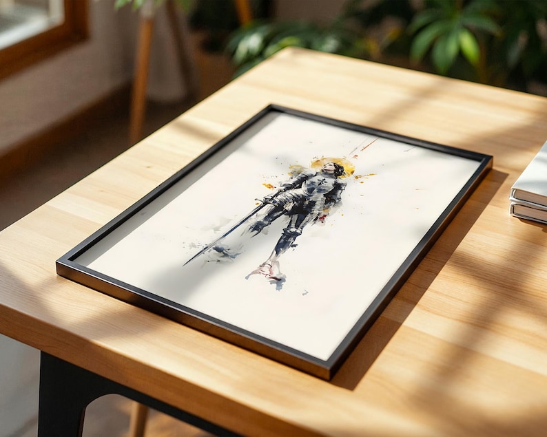Peut inclure: Une impression d'art encadr&eacute;e repr&eacute;sentant une illustration de style aquarelle d'un chevalier en armure compl&egrave;te tenant une &eacute;p&eacute;e. Le chevalier est repr&eacute;sent&eacute; dans des tons de noir et de gris avec un effet de halo dor&eacute; derri&egrave;re la t&ecirc;te.