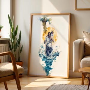 May include: A framed vertical wall art print featuring a watercolor illustration of a figure carrying a child on their shoulders while walking through blue water. The figure holds a tall palm frond, set against a large, circular golden sun.