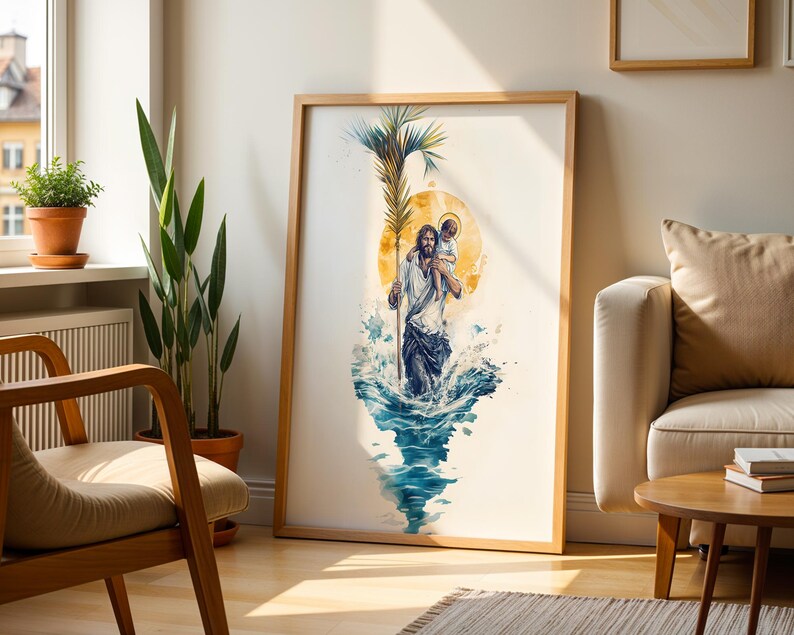 May include: A framed vertical wall art print featuring a watercolor illustration of a figure carrying a child on their shoulders while walking through blue water. The figure holds a tall palm frond, set against a large, circular golden sun.