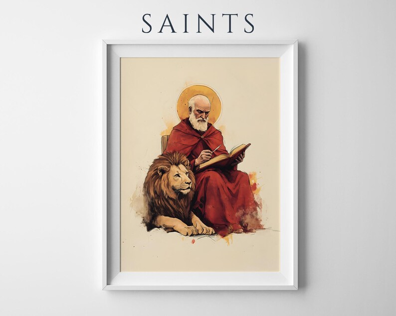 Peut inclure: Une impression d'art encadr&eacute;e avec le texte SAINTS en haut. L'illustration repr&eacute;sente une figure barbue en robe rouge avec une aur&eacute;ole dor&eacute;e, &eacute;crivant dans un livre, accompagn&eacute;e d'un lion au repos, le tout dans un style aquarelle.