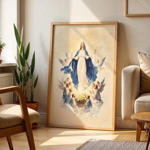 Póster enmarcado de la Dormición de la Virgen María / Arte mural católico minimalista imagen 2