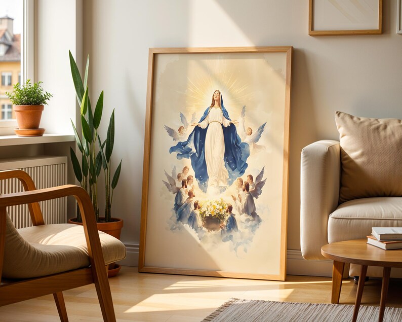 Póster enmarcado de la Dormición de la Virgen María / Arte mural católico minimalista imagen 2