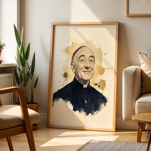 May include: A framed portrait print featuring a watercolor-style illustration of an elderly person with a receding hairline, wearing a dark clerical shirt with a white collar, set against a cream background with gold-toned paint splatters.