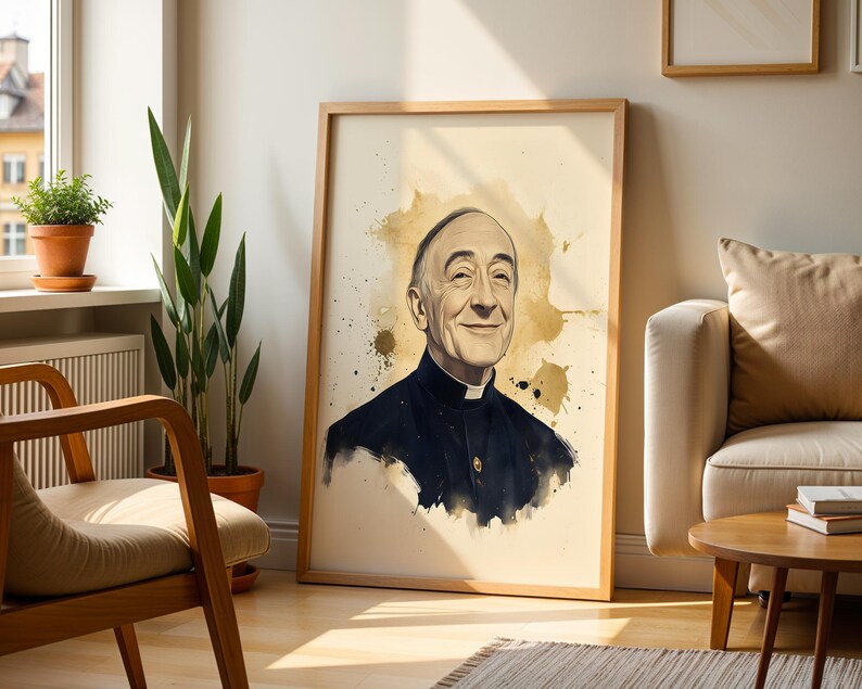 May include: A framed portrait print featuring a watercolor-style illustration of an elderly person with a receding hairline, wearing a dark clerical shirt with a white collar, set against a cream background with gold-toned paint splatters.