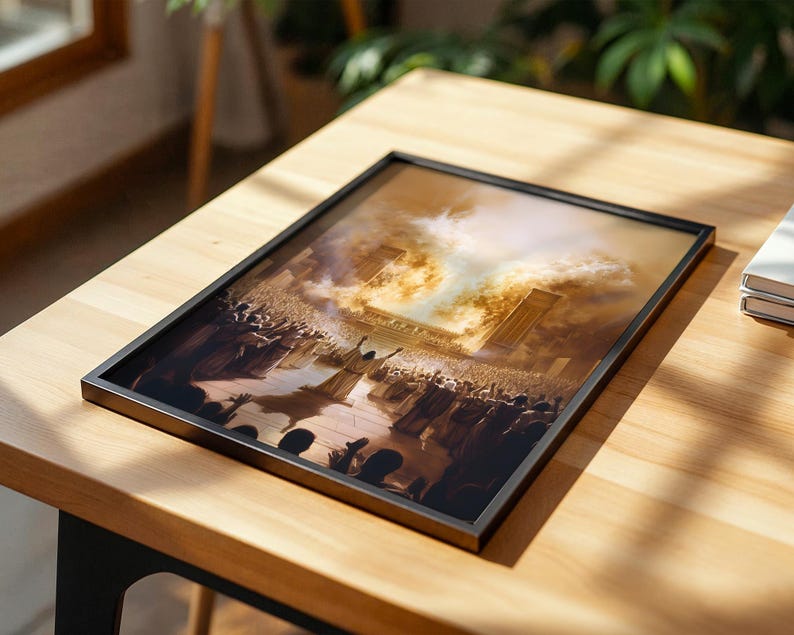 Puede incluir: Una impresi&oacute;n rectangular enmarcada que presenta una ilustraci&oacute;n en tonos sepia de una gran multitud reunida ante una estructura grandiosa con una luz dorada brillante que emana del centro. La obra est&aacute; en un marco negro fino.