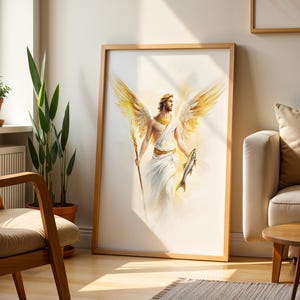 May include: A framed vertical wall art print featuring a male figure with large golden wings, wearing a white robe and a gold collar. The figure holds a long staff in one hand and a fish in the other, rendered in a soft, ethereal watercolour style.