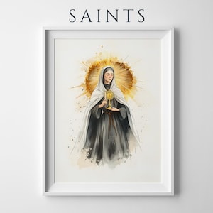 Pode incluir: Uma impress&atilde;o de arte emoldurada intitulada SAINTS apresentando uma ilustra&ccedil;&atilde;o em aquarela de uma figura com h&aacute;bito escuro e v&eacute;u branco segurando um ostens&oacute;rio dourado. A figura est&aacute; centralizada contra um fundo circular dourado.