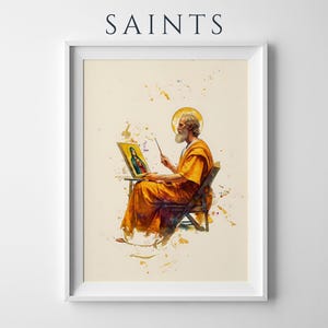 Puede incluir: Una impresi&oacute;n art&iacute;stica enmarcada titulada SAINTS que presenta una ilustraci&oacute;n estilo acuarela de una figura barbuda con t&uacute;nica naranja sentada en una silla, sosteniendo un pincel y pintando un retrato de una figura en azul y rojo en un peque&ntilde;o caballete.
