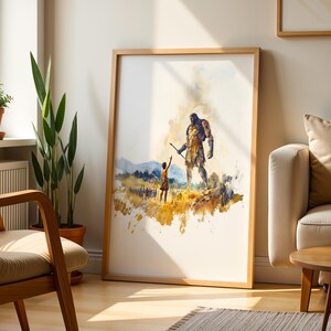 May include: A framed watercolor-style art print featuring a large, muscular figure standing over a smaller person in a golden-hued landscape. The scene includes distant mountains and a group of figures in the background, rendered in shades of yellow, brown, and blue.