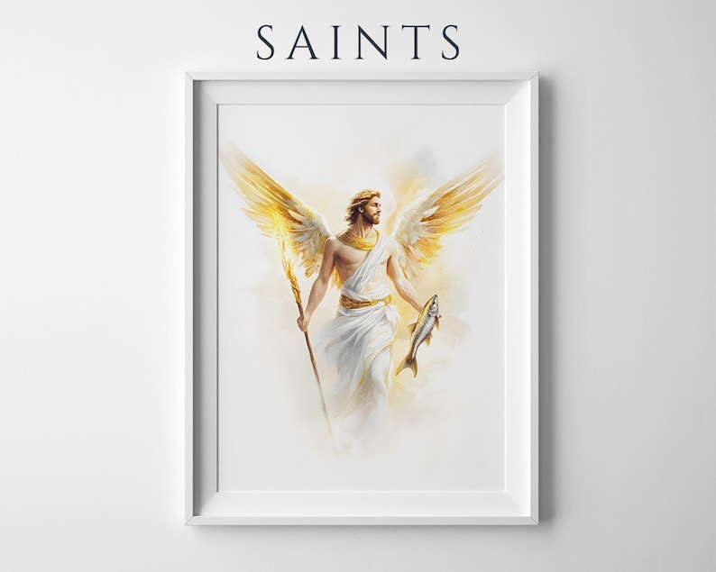 Saint Raphael the Archangel Printable Art | Watercolor Catholic Wall Decor image 1