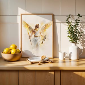May include: A framed watercolour print depicting a winged figure with golden hair, wearing white robes, holding a staff and a fish. The artwork is displayed on a wooden counter next to a bowl of yellow lemons, a white plate, a wooden spoon, and a vase.
