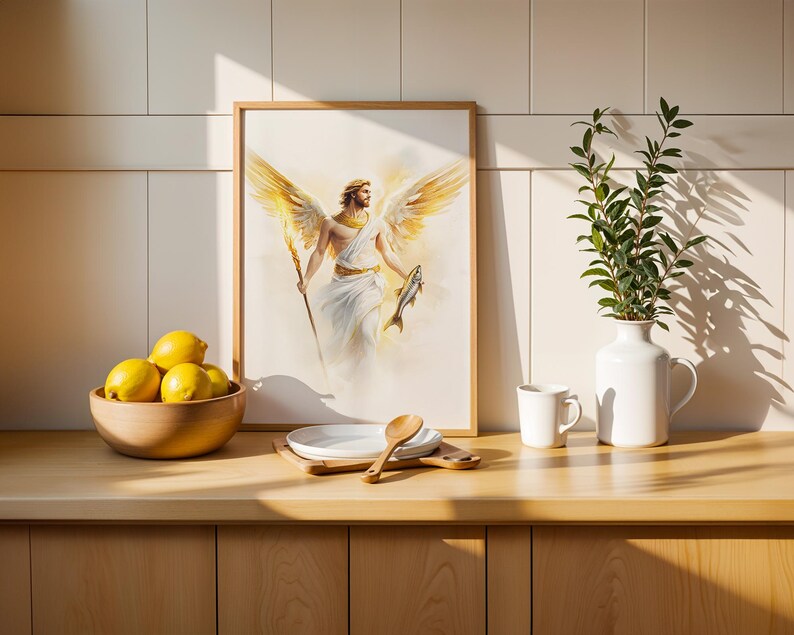 May include: A framed watercolour print depicting a winged figure with golden hair, wearing white robes, holding a staff and a fish. The artwork is displayed on a wooden counter next to a bowl of yellow lemons, a white plate, a wooden spoon, and a vase.