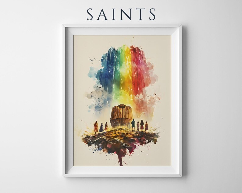 Poster incorniciato "L'Alleanza dell'Arcobaleno con Noè" / Opera d'arte religiosa moderna ad acquerello da parete immagine 1