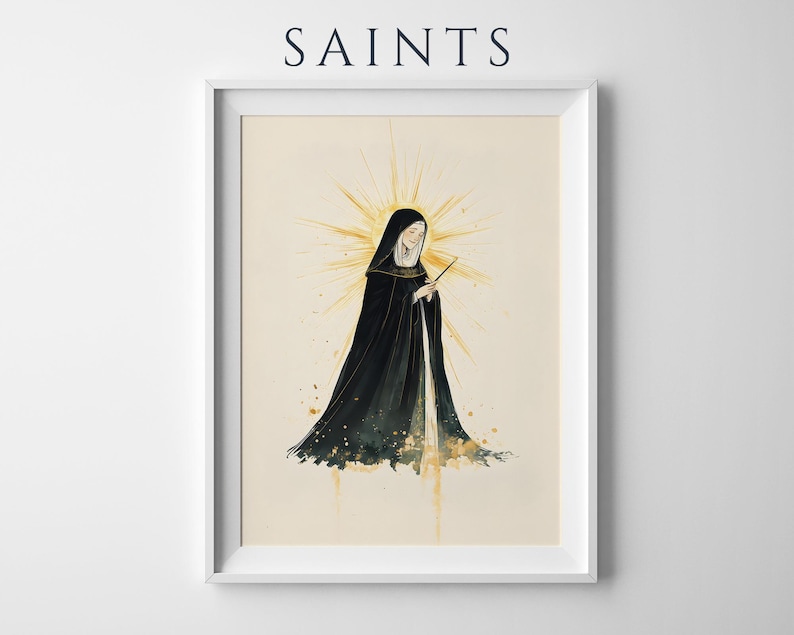 Święta Hildegarda z Bingen – grafika do druku | Akwarela – katolicka dekoracja ścienna zdjęcie 1