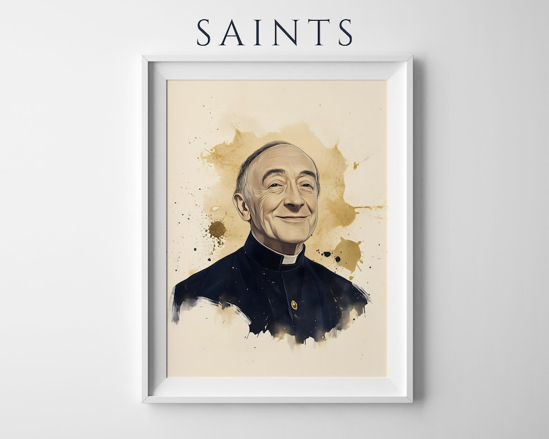 May include: A framed wall art print titled SAINTS featuring a watercolor-style portrait of a smiling person wearing a black clerical shirt with a white collar. The artwork uses sepia and brown ink splatters against a light cream background.