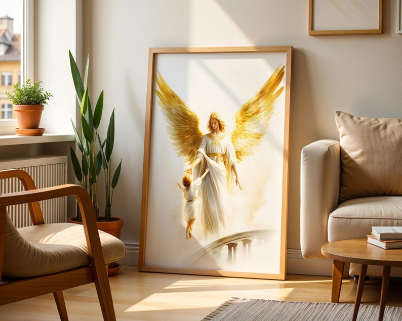 May include: A framed wall art print featuring a large angel with expansive golden wings wearing a white robe, reaching down to hold the hand of a small child who is walking toward a bridge. The artwork uses soft, ethereal light and warm tones.