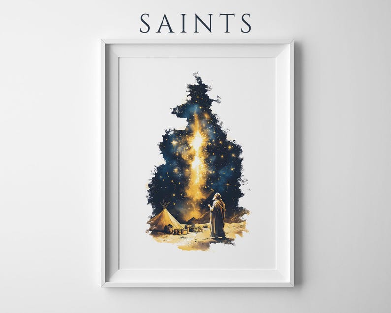 May include: A framed wall art print titled SAINTS featuring a watercolour-style illustration of a figure standing in a desert landscape under a dark blue night sky filled with a bright, glowing golden light and numerous stars above a tent.