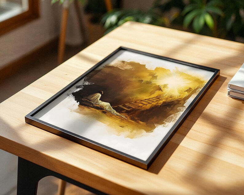 Op de afbeelding: Een rechthoekige ingelijste print met een illustratie in aquarel-stijl van een figuur in een wit gewaad die bij een houten ladder zit die naar een helder, stralend licht leidt. Het kunstwerk gebruikt tinten bruin, goud en wit op een witte achtergrond.