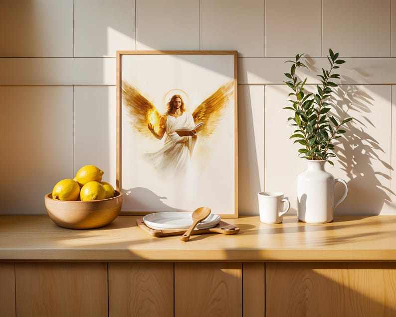 May include: A framed wall art print featuring a central illustration of an angel with large golden wings, a glowing halo, and flowing white robes, holding an open book. The artwork is displayed in a light wood frame on a kitchen counter.