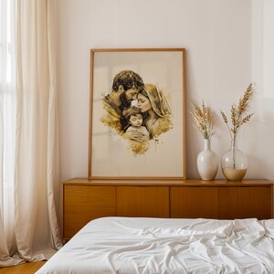 May include: A framed wall art print featuring a sepia-toned watercolor illustration of a family of three, including a bearded person, a person with a head covering, and a small child, all depicted in a close, affectionate embrace.