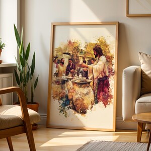 May include: A framed watercolor-style print depicting a biblical scene with a central figure in a light robe gesturing toward large clay jars, surrounded by other individuals, rendered in warm earth tones, yellows, and deep reds on a light background.